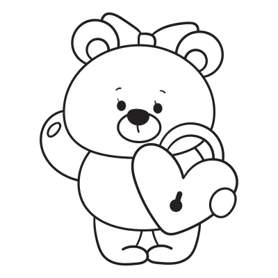 Cute teddy bear outline holding heart padlock Valentine kawaii coloring book