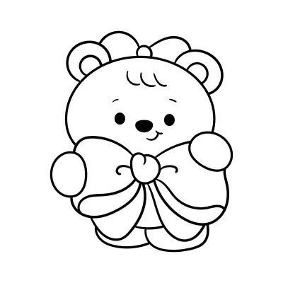 Cute teddy bear outline hug big bow Valentine kawaii coloring book