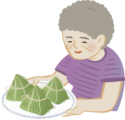 grandma holds a plate of rice dumpling
