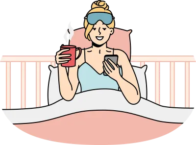 Girl who just woke up sits in bed, looks through news, messages on smartphone, drinks coffee