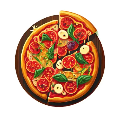 Pizza Italian dish with tomato sauce, cheese, and various toppings. Cartoon sticker pizza.