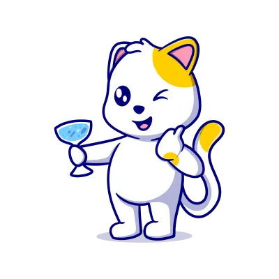 Cute cat holding glass cartoon icon illustration