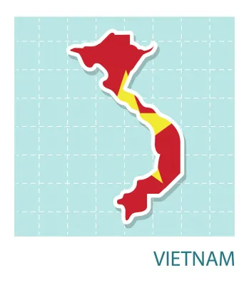 Stickers of Vietnam map with flag pattern in frame.
