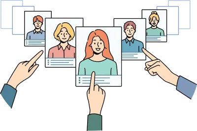 Hands choose digital CV of work candidates or applicants in app.