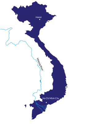 Map of Vietnam includes regions, Mekong River basin, Tonle Sap Lake, and outline.