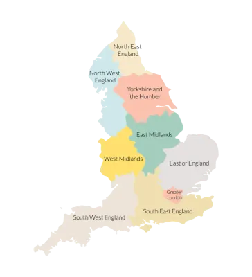England map with colorful regions Map