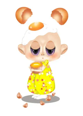 The child is wearing an egg suit.  with a fried egg on his head