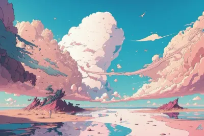 Dreamy Blue Ocean and Pink Clouds A Nostalgic and Detailed Anime Art Illustration