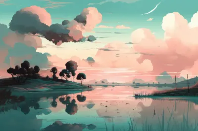 Dreamy Blue Ocean and Pink Clouds A Nostalgic and Detailed Anime Art Illustration