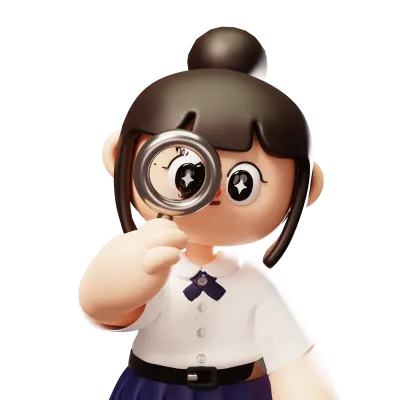 Student girl character wearing student uniform holding magnifying glass for learning
