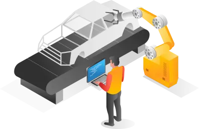 Flat isometric illustration concept car assembly machine operator