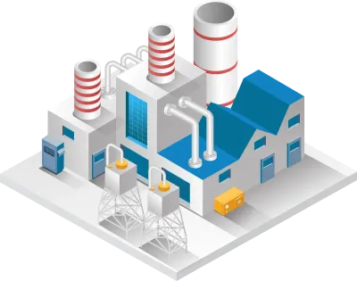 Flat isometric concept illustration factory building with chimney and water reservoir