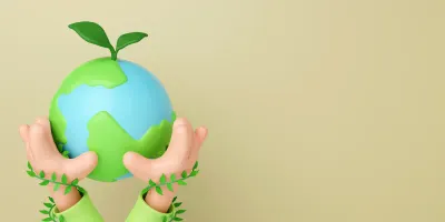 3d hand holding a planet earth isolated on yellow background. Sustain earth concept. Save Earth. Env