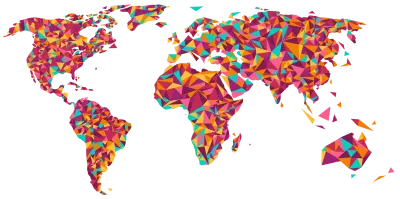 World map shape made of colorful polygons.