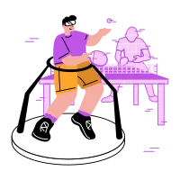 Man with VR headset playing virtual table tennis or pingpong sports simulation in Metaverse