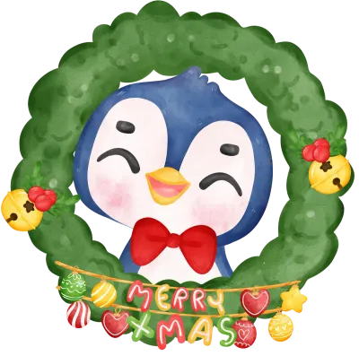 Cute adorable baby joyful penguin in Christmas wreath 
