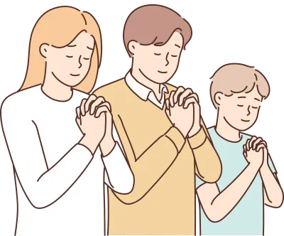 Religious family with son praying to God. Superstitious parents with child keep hands in prayer