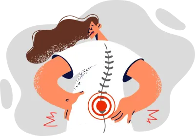 Sick woman has lower back pain and puts hand on red back after lifting heavy load. Sick girl