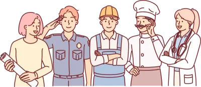 People of different professions stand together next to service uniforms for labor day banner