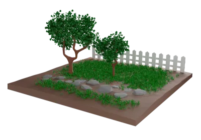 Isometric element with bench trees bushes