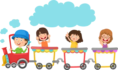 illustration of school kids riding train transportation education