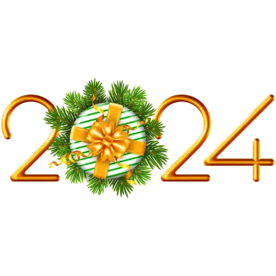 2024 Gold Numbers with Gift Box and Fir Tree Twigs