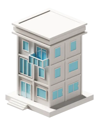 Blue door and window building isometric. 3d rendering.