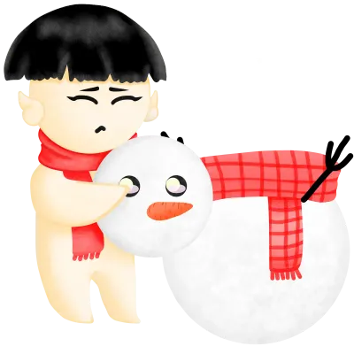 A little fairy chibi wears a scarf and holds a snowman head
