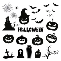 Vector collection of Halloween pumpkins faces silhouettes. Black isolated set of halloween elements.