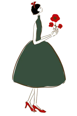Parisienne in green dress holding a flower.