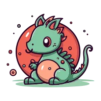 Cute cartoon dragon sitting on a red ball. Vector illustration.