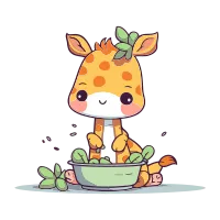 Cute cartoon giraffe with bowl of food. Vector illustration.
