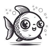 Cute cartoon fish. Black and white vector illustration isolated on white background.