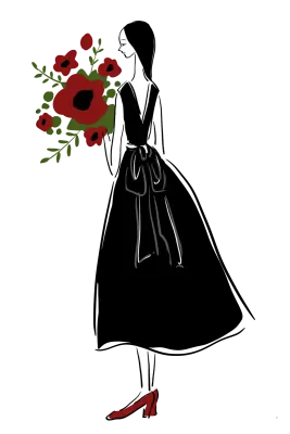 Illustration of a girl in black dress holding a red flower.