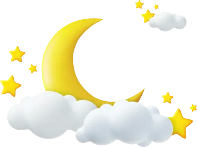 Crescent moon, golden stars and white clouds