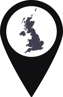 Pointer or pin location with United Kingdom map inside. Map of United Kingdom