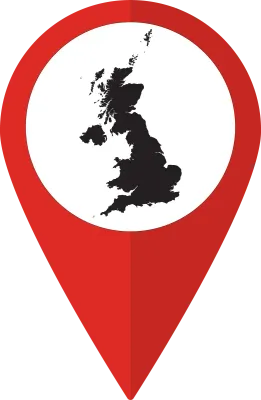Pointer or pin location with United Kingdom map inside. Map of United Kingdom