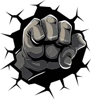 Black and Bold Cartoon Fist Breaking Wall Vector Iconic Force Cartoon Fist through Cracked Wall