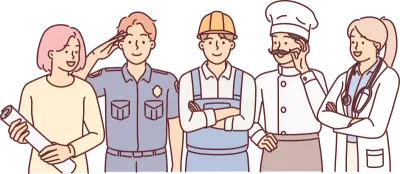 People of different professions stand together next to service uniforms for labor day banner