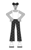Two buns woman african american power posing black and white line cartoon character
