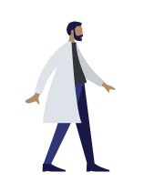 A young man is standing, surprised,watching , colorful human illustrations on white background