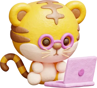 3D cute tiger working on laptop