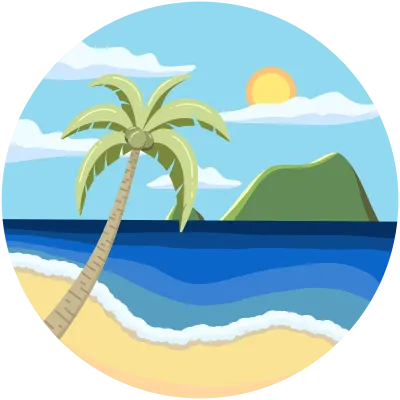 Sunny tropical beach with palm tree and islands