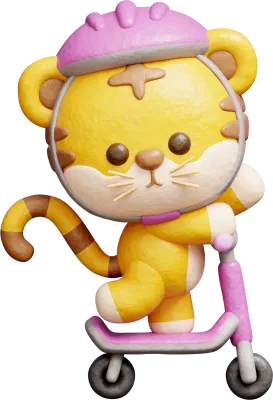 3D Cute tiger playing scooter, cartoon animal character, 3d rendering.