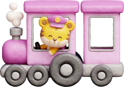 3D Cute tiger driving train, cartoon animal character, 3d rendering.