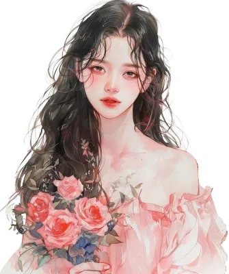 수채화 Spring tenderness,in Pink flowers Clipart Bundle Cute girl with long hair Asian Girl