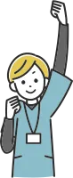 A woman on the medical staff raising her fist in a gut-punching gesture