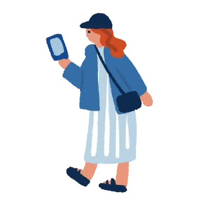 Colorful and flat hand drawn people_A woman going out with a smartphone