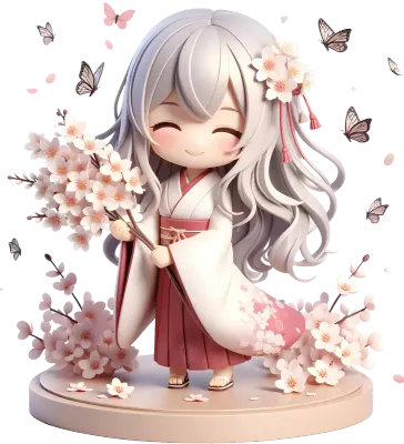 3D girl in Kimono with bouquet of cherry blossom