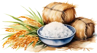Clip art set of white rice, ear of rice and rice bale